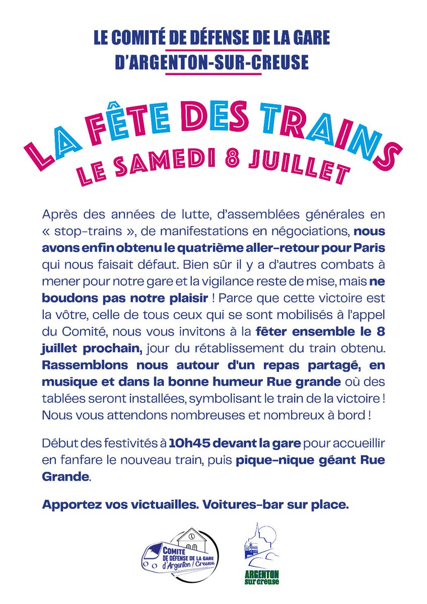 garedargenton's tweet photo. [ LA FÊTE DES TRAINS ]

Nous vous attendons dons très nombreux pour fêter les victoires du Comité de Défense de la Gare SNCF d'Argenton-sur-Creuse le samedi 8 juillet pour la "fête des trains". https://t.co/6v75WgeurK