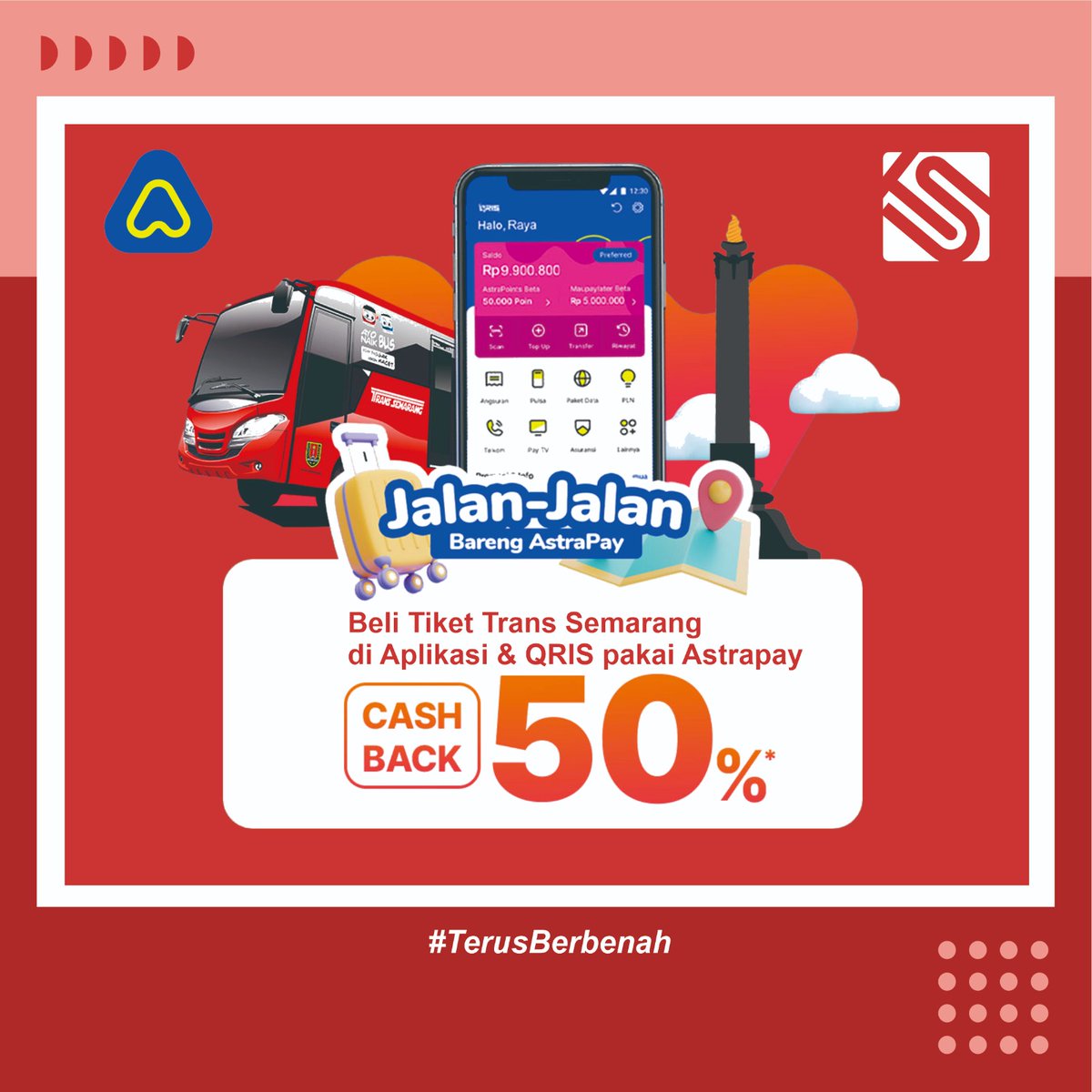 Transsemarang's tweet photo. #SobatTS Jalan-Jalan Bareng AstraPay beli Tiket Trans Semarang di Aplikasi dan QRIS pakai AstraPay Cashback 50%.
Periode 1 - 31 Mei 2023
@mbakITASMG
@Dishubkotasmg
@juimihendrix
@AstrapayID
#PromoTS
#TransSemarang
#TerusBerbenah https://t.co/KZ7nFUUFmH