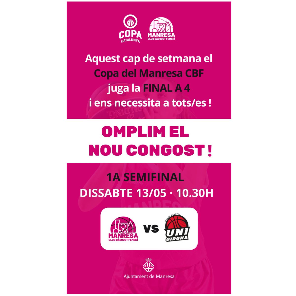 gradanimacio's tweet photo. 𝑨𝑻𝑬𝑵𝑪𝑰𝑶́!!!!!! 🚨🚨🚨

Aquest dissabte dia 13 torna el bàsquet 🏀 al Congost amb la #Finaa4 per classificar-se per les fases per pujar a #LligaFemenina2. 

A les 10:30 hores us esperem per animar a les nostres noies del @manresacbf 🏀 en el seu partit contra @unigirona. 

#TothomalCongost #SomGrada #SomFamília 🔴🏀 FEU RT
