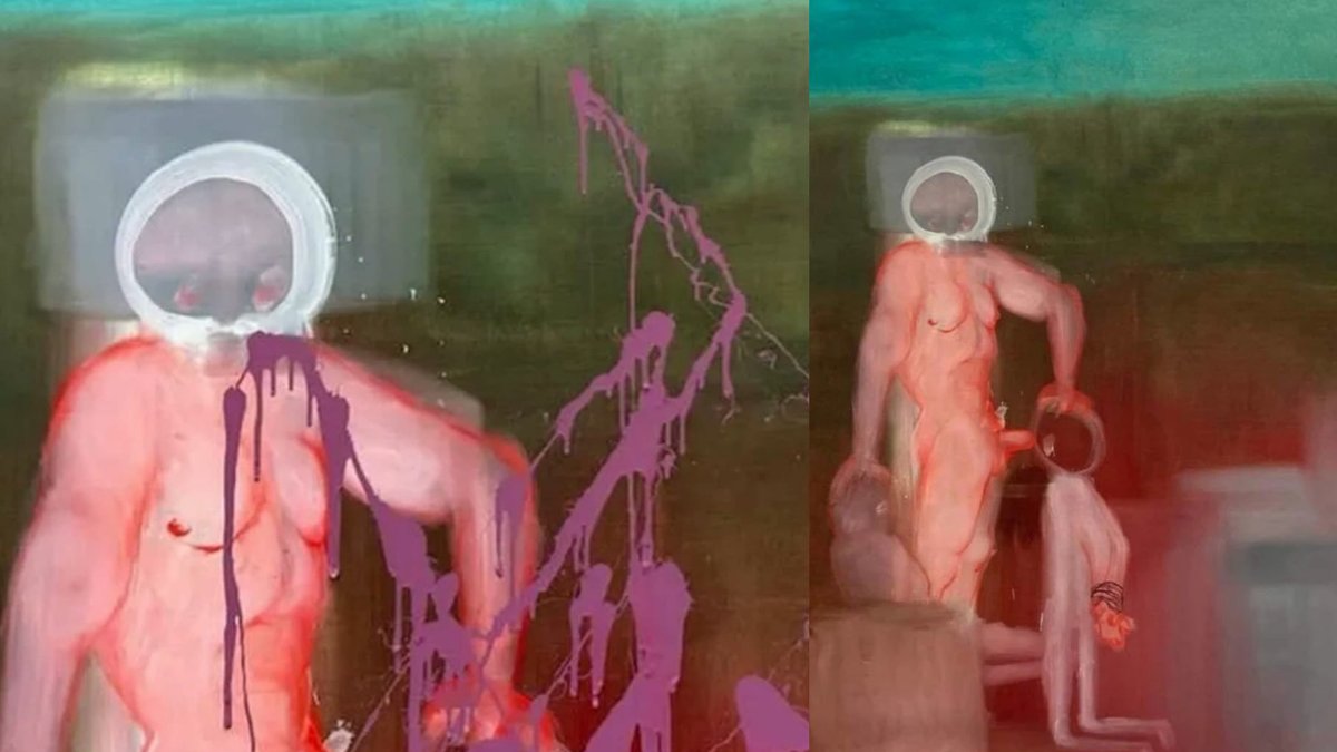 caljbeut's tweet photo. Hier, un mec à balancé de la peinture sur le tableau pédophile du musée de Tokyo qui fait polémique depuis des semaines. Je trouve le geste justifié. Macron lui par contre, ça lui pose problème quand on proteste contre la promotion de la pédophilie, bizarrement ça m'étonne pas... https://t.co/OVZ2PwijcT