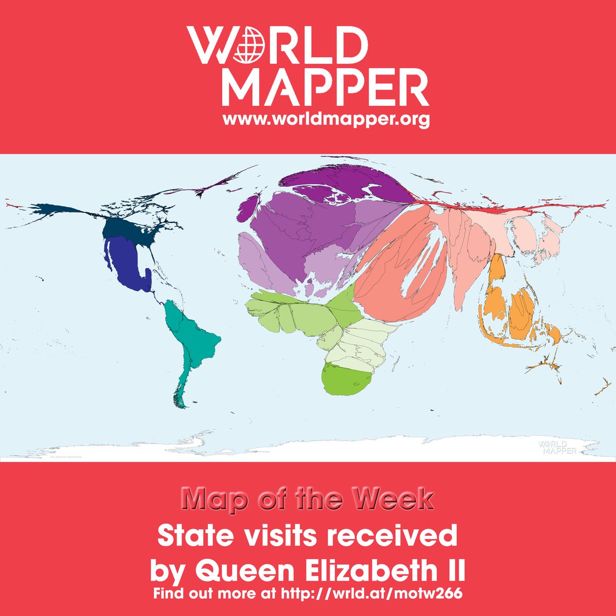worldmapper's tweet photo. Map of the Week: State visits received by Queen Elizabeth II - find out more at https://t.co/158BSUJYUL #maps #cartograms #cartography #worldmapper #motw @RoyalFamily #queen #queenelizabeth #statevisits #royal #royalfamily #king #kingcharles #coronation https://t.co/NUcVSRDUsu
