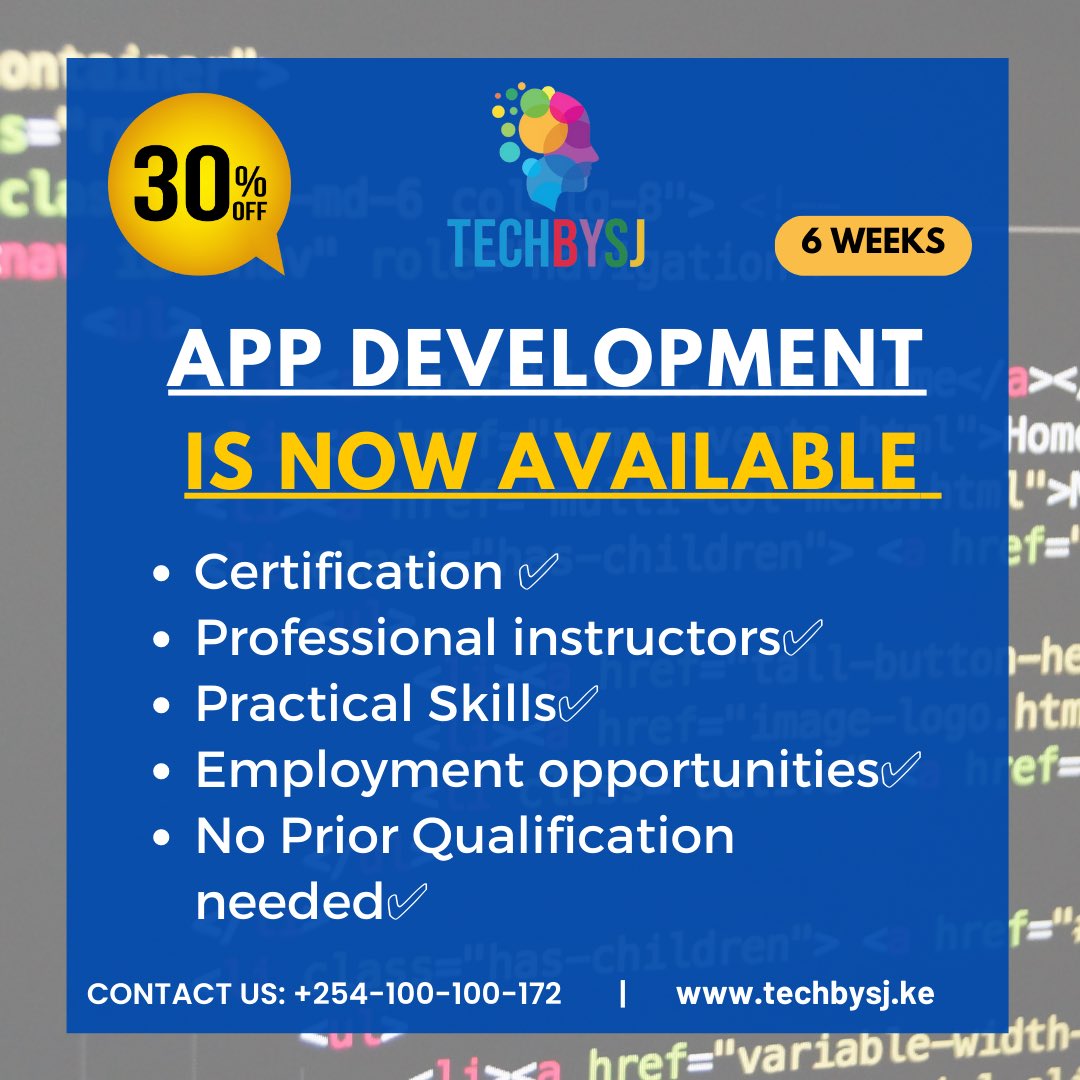 techbysj's tweet photo. Our Courses are now on offer !!!

#techbysj #empowerment #unlockyourself

☎️ : +254 100 100 172
📲 : https://t.co/YuLFnft2vN
📩 : hello@techbysj.ke https://t.co/sBsg1Yr638