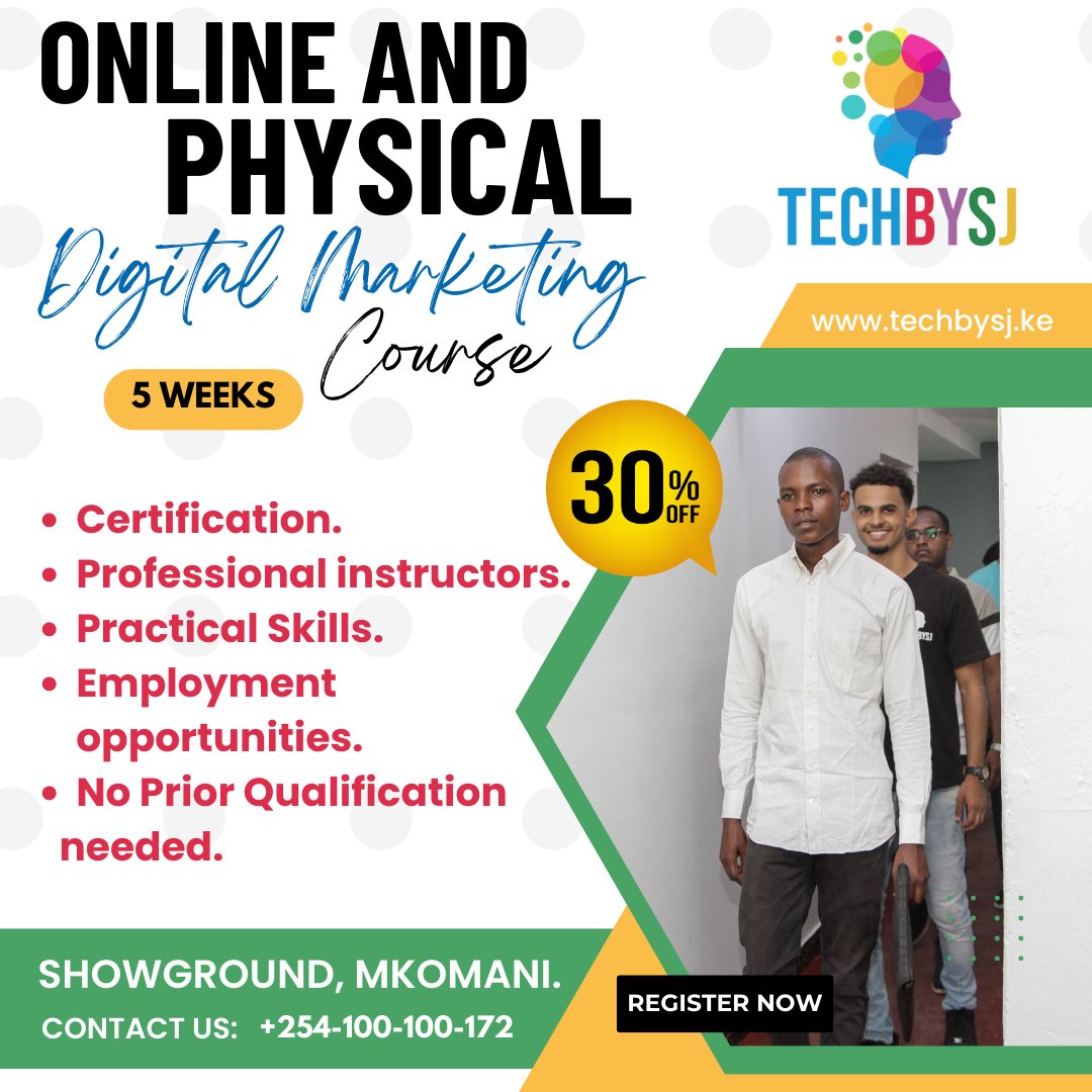 Our Courses are now on offer !!!

#techbysj #empowerment #unlockyourself

☎️ : +254 100 100 172
📲 : techbysj.ke
📩 : hello@techbysj.ke