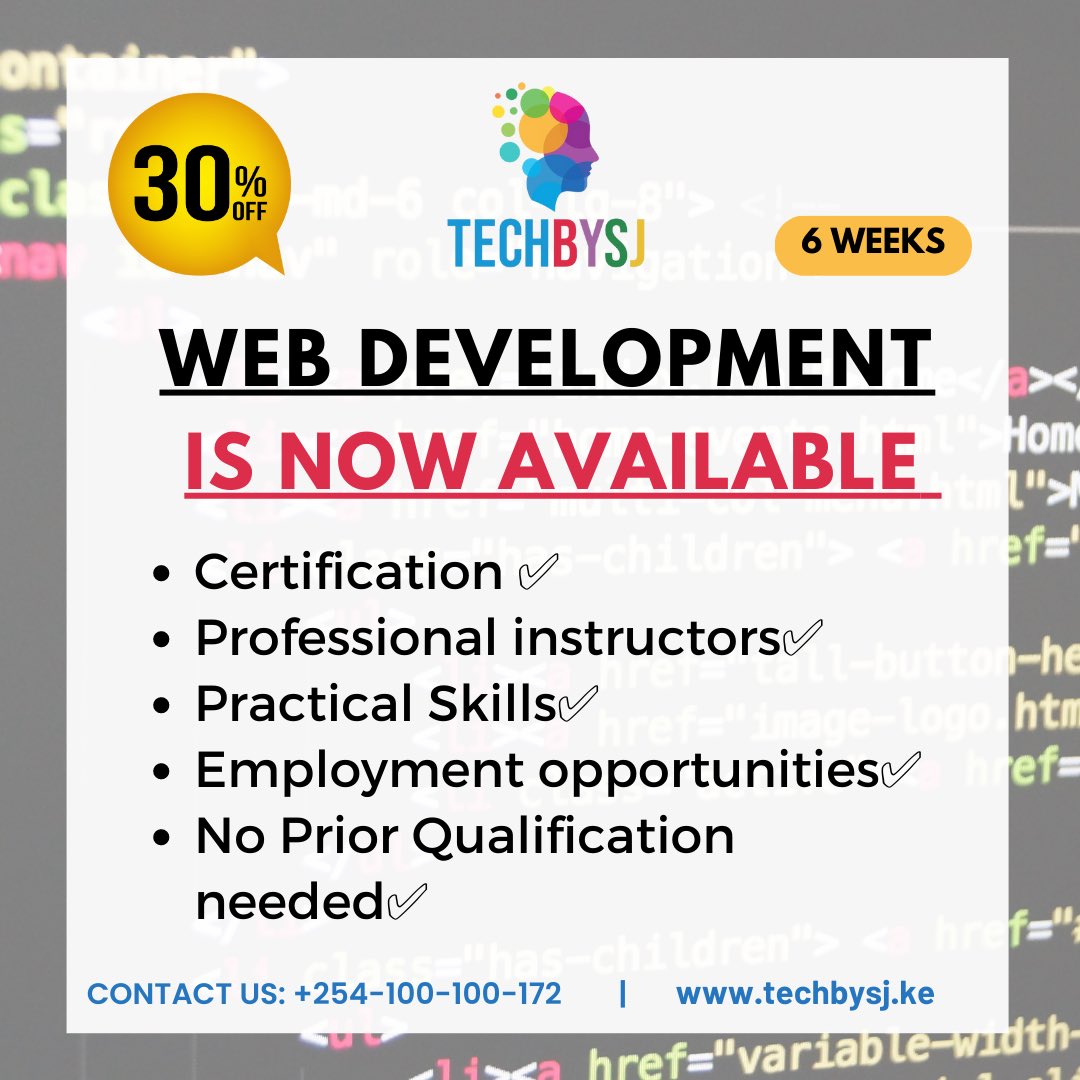 techbysj's tweet photo. Our Courses are now on offer !!!

#techbysj #empowerment #unlockyourself

☎️ : +254 100 100 172
📲 : https://t.co/YuLFnft2vN
📩 : hello@techbysj.ke https://t.co/sBsg1Yr638