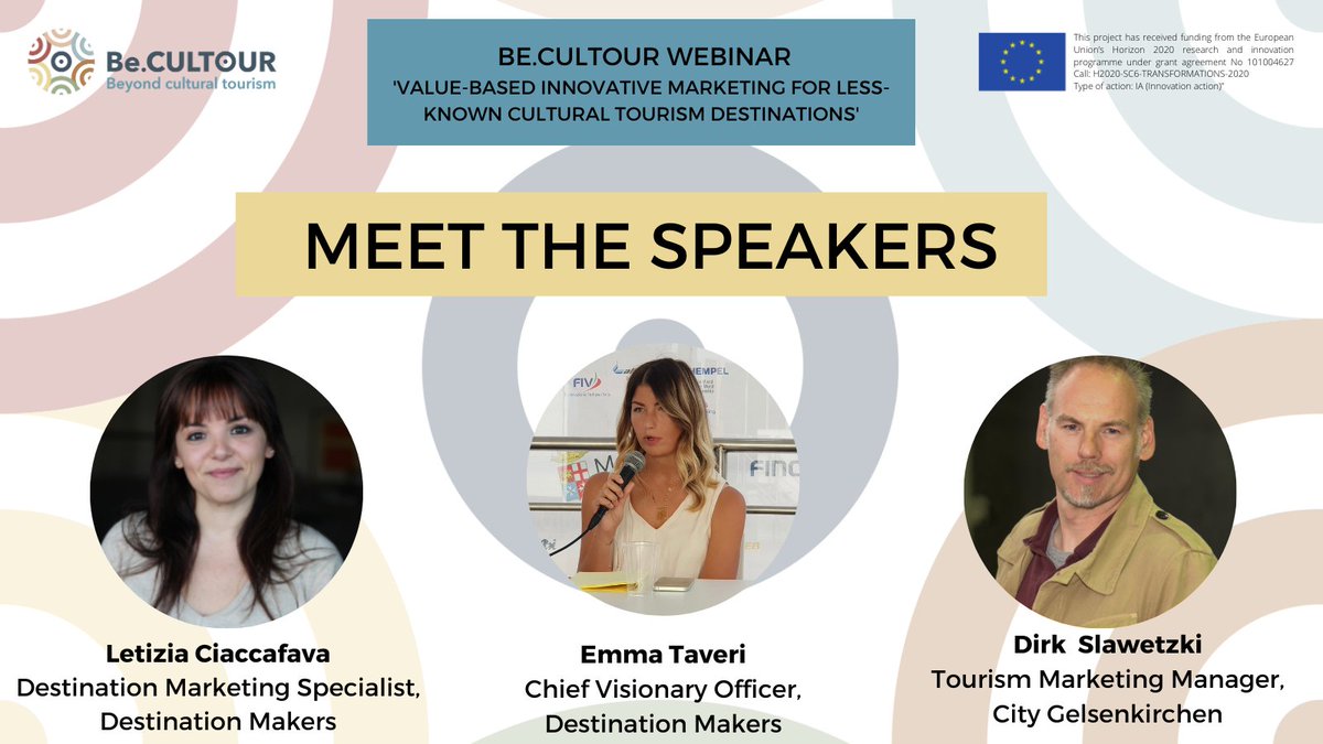 BeCultour's tweet photo. 📢Be.CULTOUR webinar #4
Monday 15 @EmmaTaveri and Letizia Ciaccafava @letinjazz from #DestinationMakers, and Dirk Slawetzki from the city of Gelsenkirchen, will dip into the “Values-based innovative marketing for less-known cultural tourism destinations”
👉https://t.co/KpQQFF5iXF https://t.co/5KINczyBHC