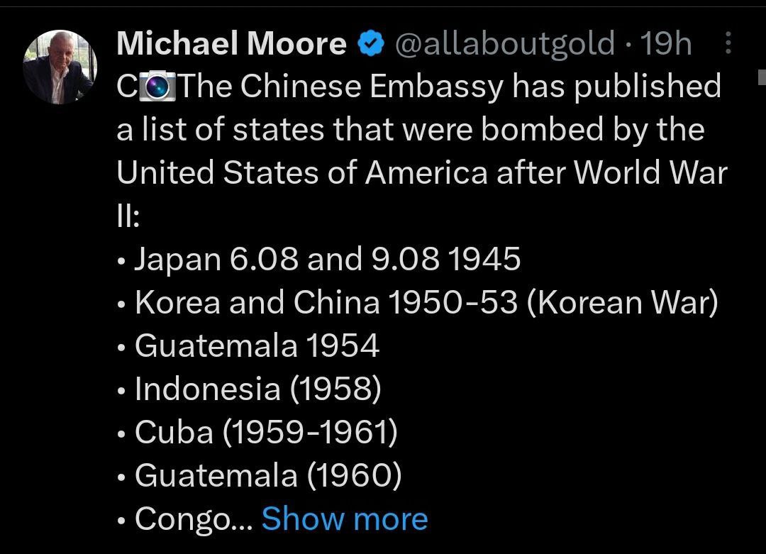 BPartisans's tweet photo. L'ambassade de Chine aux États-Unis a publié une liste des pays qui ont été bombardés par les États-Unis après la Seconde Guerre mondiale :

•Japon 6.08 et 9.08 1945.
• Corée et Chine (1950-1953,
Guerre de Corée)
•Guatemala (1954)
• Indonésie (1958)
•Cuba (1959–1961)
•Guatemala (1960)
• Congo (1964)
• Laos (1973-1964)
• Vietnam (1973-1961)
• Cambodge (1969-1970)
•Guatemala (1969-1967)
• Grenade (1983)
• Liban (1983, 1984)
• Libye (1986)
• Salvador (1980)
•Nicaragua (1980)
• Iran (1987)
• Panama (1989)
• Irak (1991)
•Koweït (1991)
•Somalie (1993)
•Bosnie (1994, 1995)
• Soudan (1998)
• Afghanistan (1998)
• Yougoslavie (1999)
• Yémen (2002)
• Irak (1991-2003)
• Irak (2003–2015)
• Afghanistan (2001-2015)
•Pakistan (2007–2015)
• Somalie (2007-2008 et 2011)
• Yémen (2009, 2011)
• Libye (2011, 2015)
• Syrie (2014 - 2015)