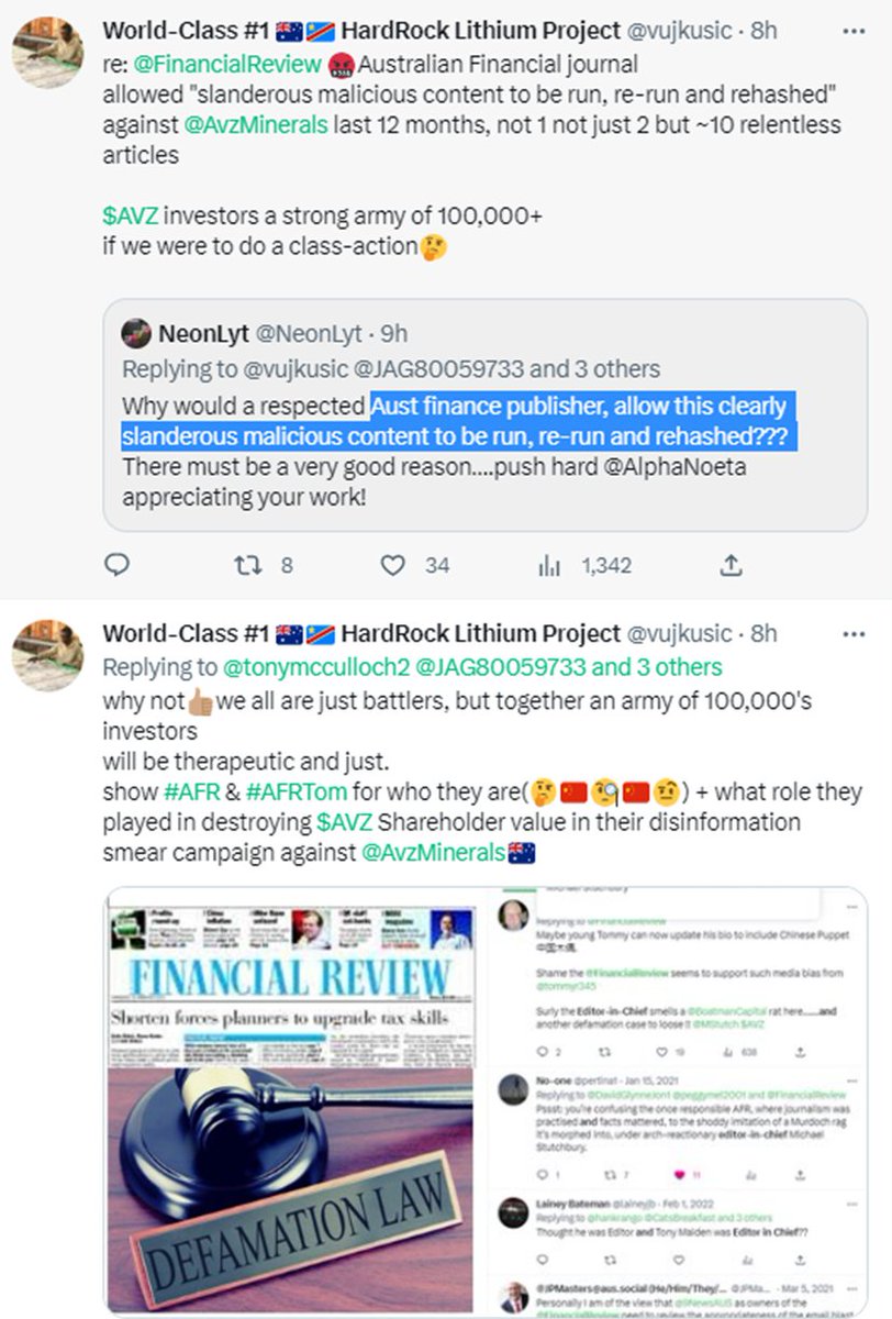 vujkusic's tweet photo. @AlphaNoeta @FinancialReview @MStutch @AvzMinerals Judging by the reaction today and the engagements on these tweets re @FinancialReview @tommyr345 and @MStutch it appears $AVZ Investors shown strong interest/support for Class-action against #AFR

I started the ball rolling, but no time to commit to the⚖️attention it requires. https://t.co/0E3H37hgAk
