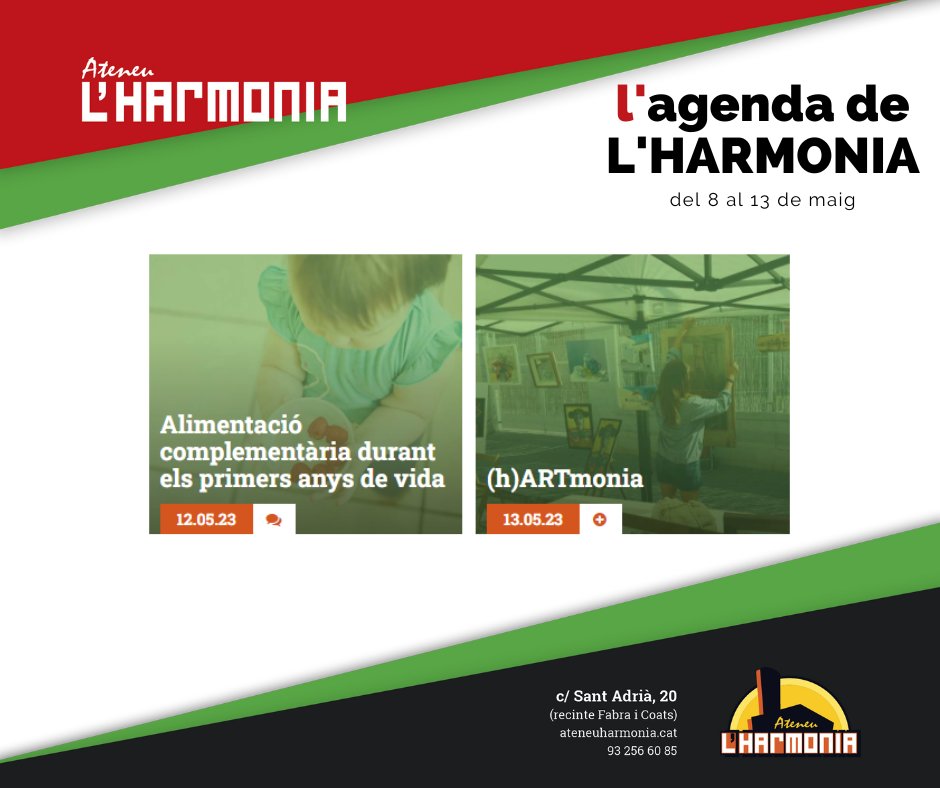 AteneuHarmonia's tweet photo. L'agenda de L'Harmonia d'aquesta setmana us proposa una jornada plena d'art!
Podeu consultar tota la programació del mes aquí ➡️https://t.co/1EyX0M3VXS https://t.co/pBnSCvfbaD