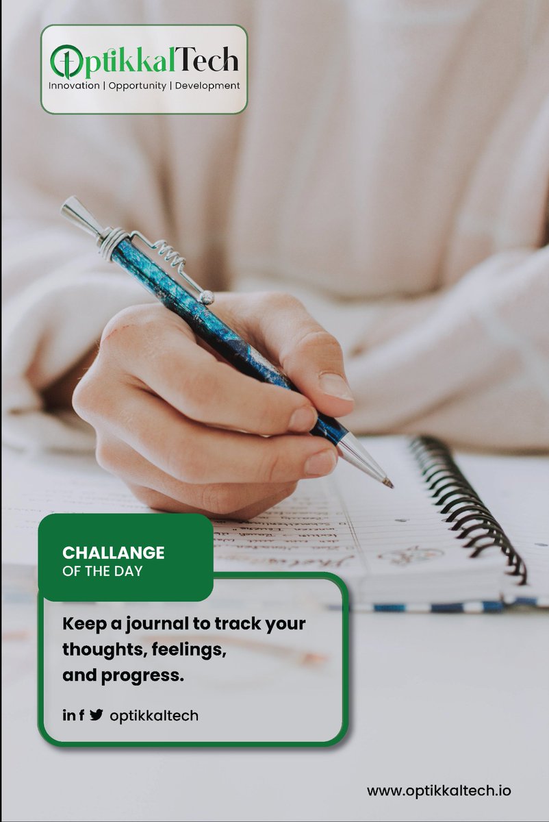 optikkaltech's tweet photo. Keeping a journal is an effective way to track progress and stay motivated on a specific goal or project. Here are some tips
Set a specific goal, Choose a format, Adjust your strategy.
.
.
.
#optikkaltech #optikkaltechlife #softwaredevelopmentcompany https://t.co/dInL0mwzZC