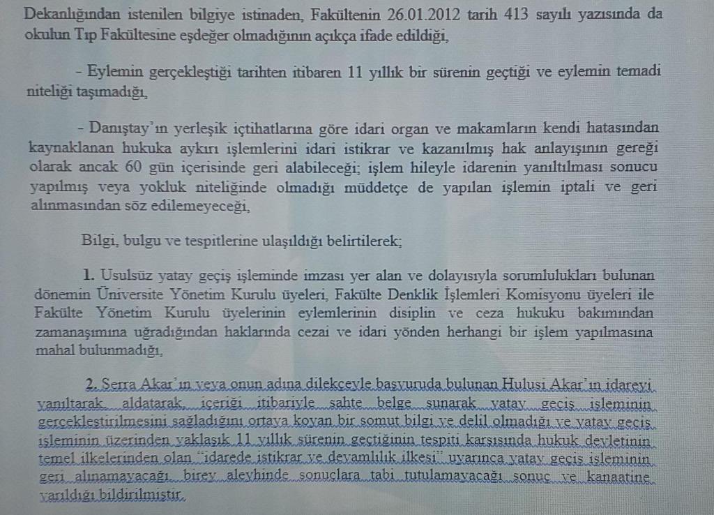 Sayın Hulusi Akar,
Amerika Birleşik Devletleri 
DePaul Üniversitesi 
Biyoloji Fakültesinde okuyan kızınız, 
BİYOLOJİ FAKÜLTESİYLE
TIP FAKÜLTESİNİN 
EŞDEĞER OLMADIĞI
ÜNİVERSİTE VE FAKÜLTE YÖNETİMLERİ TARAFINDAN 
BİLİNDİĞİ HALDE; 
Türkiye’nin en zeki 
%1 öğrencisinin alındığı
