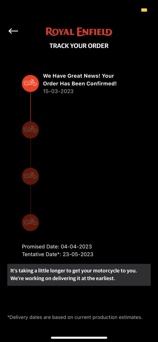 SoumavP's tweet photo. @royalenfield @RoyalEnfieldIn  my promised date of delivery was 4th april and now tentative date is showing 23 may ? Whats going on? Why so delay and false promises of early delivery?

Need a resolution on this. https://t.co/adut8ttvEy