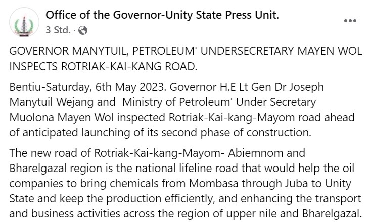 PatrickHeinisc1's tweet photo. #South_Sudan's #Unity_State Governor & #Petroleum Ministry Under Secretary inspect Rotriak-Kai-kang-Mayom road. The "national lifeline road" would help companies to bring chemicals from #Mombasa necessary to maintain oil production since import from #Sudan is disrupted due to war https://t.co/XKJwO20iQ4