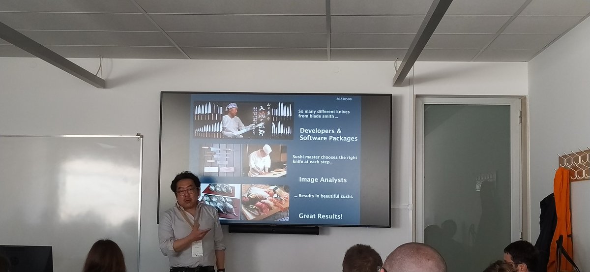 zoccolermarcelo's tweet image. Kota Miura @cmci_ giving the kickoff talk introduction to #BioimageAnalysis for the Defragmentation TS2 @NEUBIAS_ at Porto! Nice sushi analogy ⚔️🍣➡️💻📈