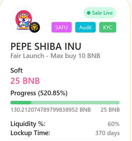 CryptoThro's tweet photo. TODAY TOP PINKSALE PICK.
PEPE SHIBA INU.
Project has been audited, kyc and it’s SAFU.
Liquidity locked for 1 year.
Good token metrics.
Team seems genuine.
Find out more on and bag yours @ 🟢
https://t.co/EyHb63uk7L
#Pepe #1000xgem #PinkSale #TopPic. #memecoin https://t.co/kyzs1QpT6i