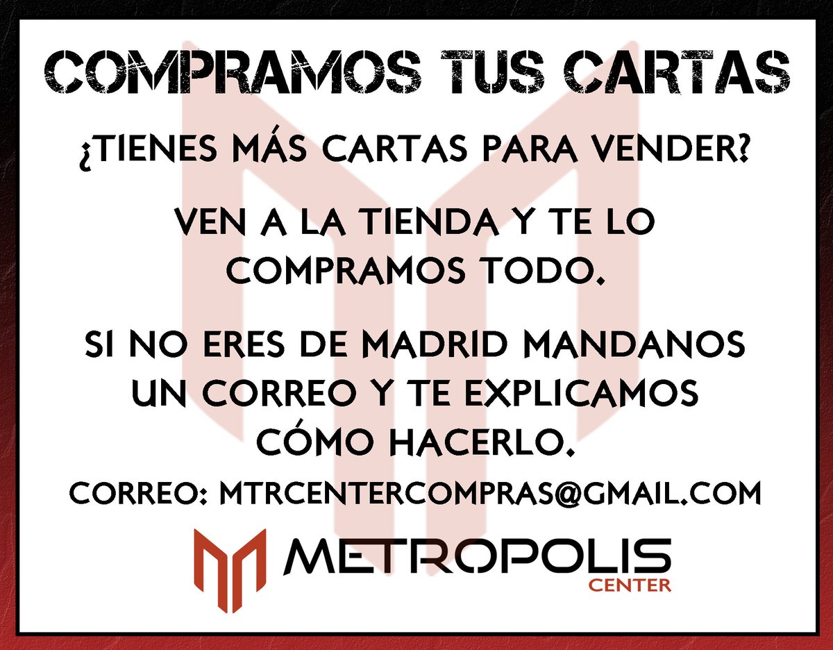 MetropolisCnter's tweet photo. Seguimos con nuestra sección de Buylist:
¿Quieres vender tus cartas?
Acércate a la tienda o escríbenos un correo y nosotros te decimos cómo hacerlo.
#buylist #MTG #cash4cards ❤️+🔁= 😍 https://t.co/bhMsfsP4U6