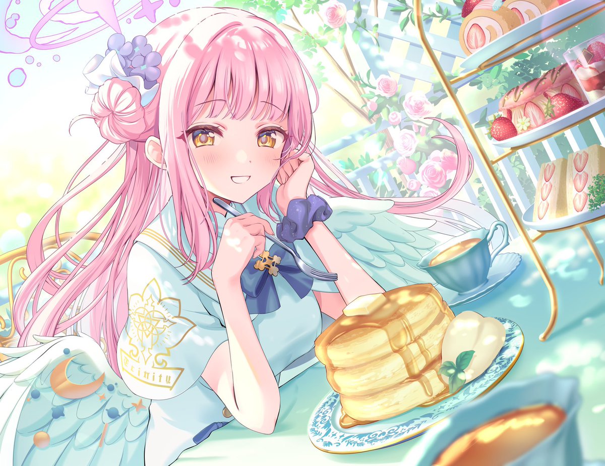 mika (blue archive) 1girl food cake pink hair wrist scrunchie wings halo  illustration images