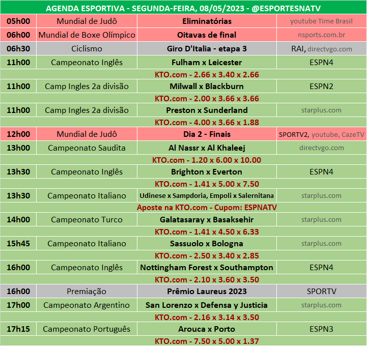 Esportes Na TV 📺 on X: A agenda esportiva deste SÁBADO (11/11/2023) Faça  sua aposta na @KTO_brasil utilizando o cupom ESPNATV no cadastro e garanta  20% de bônus no seu primeiro depósito!