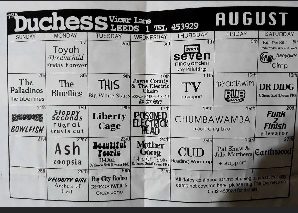 AlexMinutes's tweet photo. The Duchess, Leeds lineup for August 1995 #traviscut #gigposter #threeandahalfminutesoffame https://t.co/aSTenCkLPL