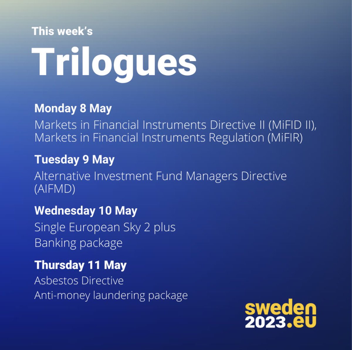 SwedeninEU's tweet photo. #TRILOGUE | 📆 This week's trilogues agenda. #EU2023SE https://t.co/HvAxaE5MpW