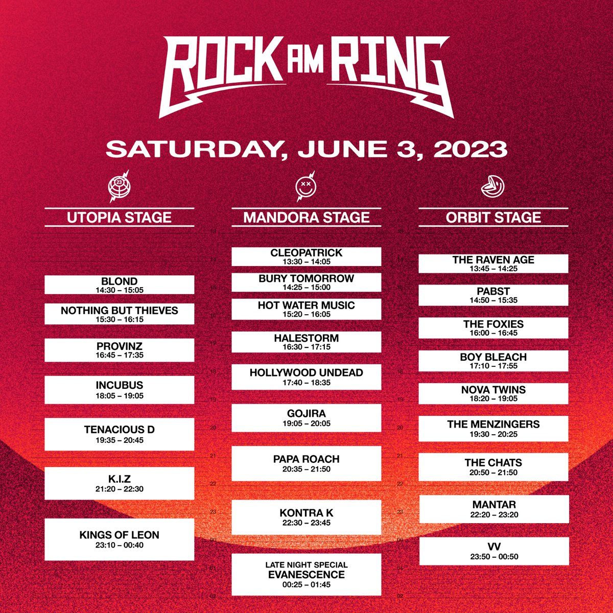 rockamring's tweet photo. It’s time for our Timetable - Der Spielplan ist da!
Pro Tipp: Ladet euch die Rock am Ring App in eurem App Store runter. Dort könnt ihr euren ganz persönlichen Spielplan zusammenstellen, Favoriten festlegen und Reminder einstellen.
#rar2023 https://t.co/fbWzYdJbWE