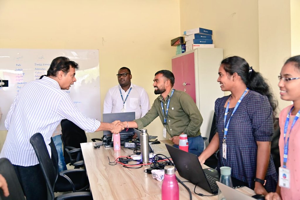 MinisterKTR's tweet photo. IT and Industries Minister @KTRBRS visited offices of IT companies @valuepitch and Sanathana Analytics and Recruitment Services located in Bellampalli and interacted with the employees there. 

The Minister said that he was impressed that two IT companies are functioning in Bellampalli and created about 250 jobs.

Minister KTR appreciated @venkatvp, CEO of @valuepitch, and @sainatharaju89, @sranganatharaju, @SrinathYerra who are directors of @sanathanaars. 

Stating that they have proved that there is no difference in the level of talent among youth in Bellampalli, Mancherial and those in Hyderabad or Bengaluru, the Minister said he wants the leadership to be champions of the Rural Technology Policy.