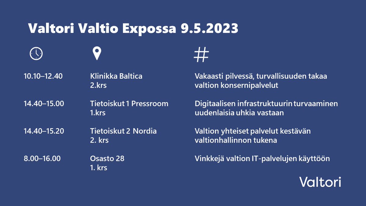 Huomenna #ValtioExpo:ssa luvassa mm. tukevaa pilvipakettia <a href="/Valtiokonttori/">Valtiokonttori</a> kanssa, kyberturvaa
<a href="/IctMira/">Mira Holmroos-Kolari</a> ja <a href="/JarnoLim/">Jarno Limnell</a> kanssa sekä vastuullisuustekoja muiden valtion palveluntarjoajien kanssa. Esittelypisteellämme voit testata taitosi Valtorin asiakastukeen liittyen! Nähdään 🤓