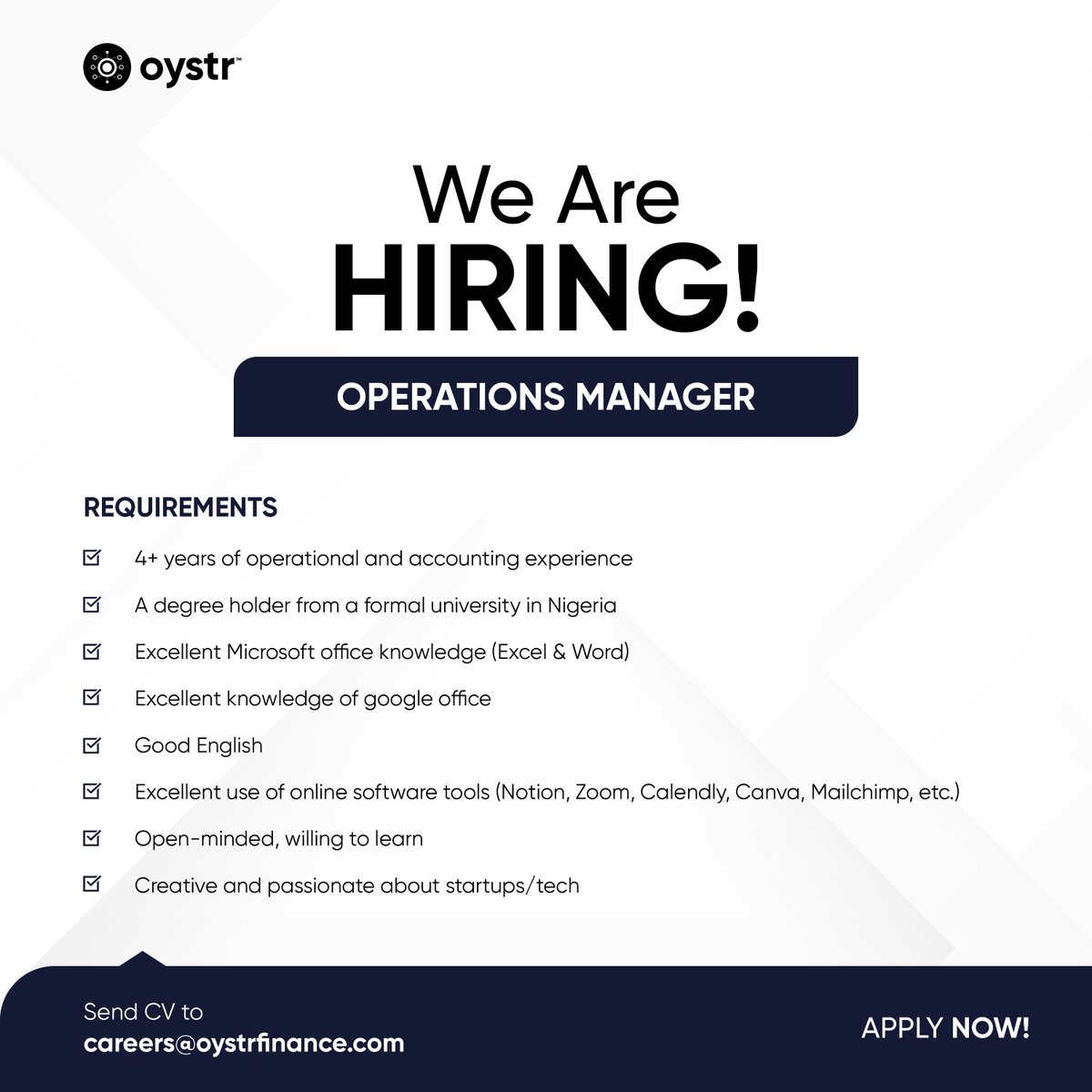 We are Hiring for the role of Operations Manager.

Do you meet our requirements and have the zeal to work in a growth-focused organization? Send your CV to careers@oystrfinance.com and apply today.

#Hiring #OperationsManager #linkedinjobs #Oystr