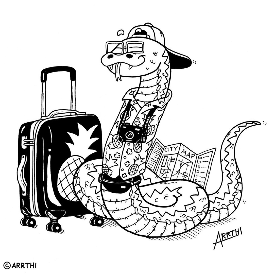 Monday's @AnimalAlphabets drawing prompt V for Viper on vacation! 🐍🧳 He is one cool-looking dude who knows how to put the V in Vacation! 😎☀️🌴🍹#AnimalAlphabets #cool #funny #kidlit #kidlitart #penart #characterdesign #illo #cartoon #cartoonist #childrenspublishing #arrthi