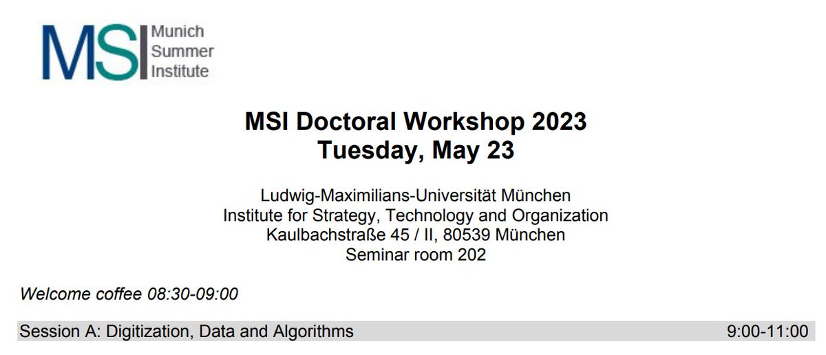 With #PhD Workshop on 23 May 2023 ❗️🎓 

👇🏾👇🏼👇🏽 PhD Workshop Program
munich-summer-institute.org/msi/wp-content…