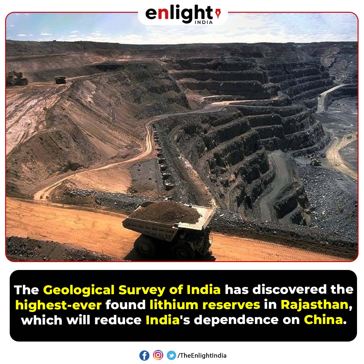 The Geological Survey of India has discovered the highest-ever found lithium reserves in Rajasthan, which will reduce India's dependence on China.

#India #Rajasthan #Lithium #Reserves #China #GeologicalSurvey #Enlightindia