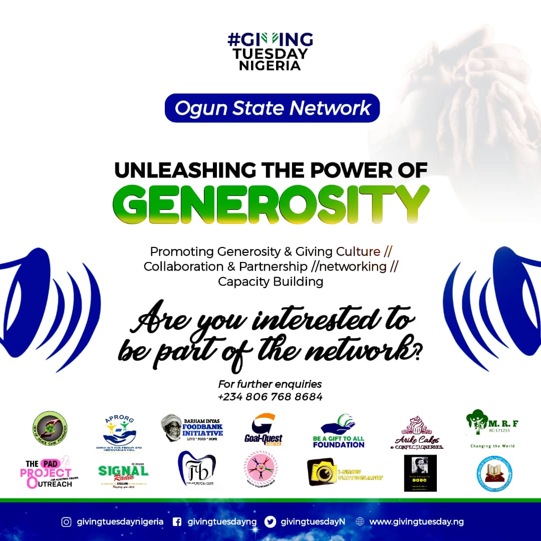 aprogfoundation's tweet photo. @GivingtuesdayN
OGUN STATE NETWORK💥
Unleashing The Power of Generosity

Promoting generosity &amp; Giving Culture// Collaboration &amp; Partnership// Network// Capacity Building.

We are glad to have Partnered and Onboarded 14 Credible NGOs 
@GivingTuesday @GivingTueAfrica 
#generousity https://t.co/kpo1SqoUNe