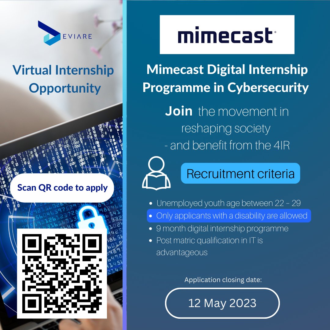 DeviareSA's tweet photo. #Mimecast in partnership with Deviare is offering unemployed youth an opportunity to participate in their virtual Digital Internship Programme in Cybersecurity! 
Applications are still open!

Apply Now:
https://t.co/2JdhNh4UKA 

#Deviare #4IR #Cybersecurity #Digital #Internship https://t.co/wW83Kt3Zxt
