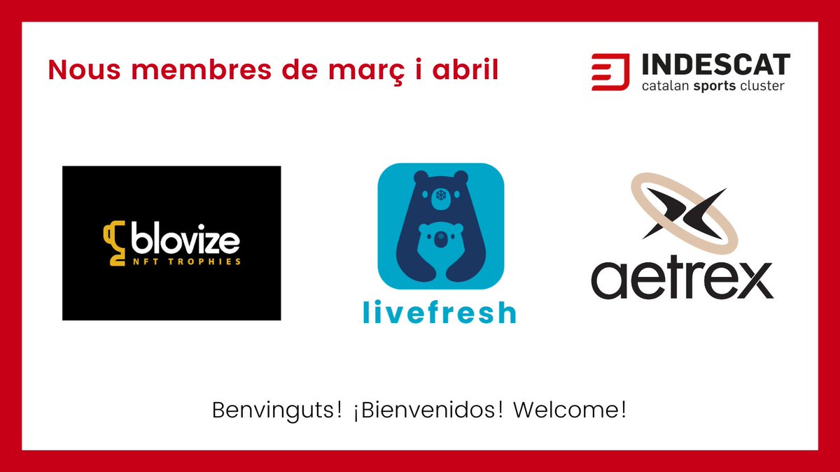indescat's tweet photo. 📢Aquest mes de març i abril, @indescat ha incorporat 3 nous membres! 
🤝Donem la benvinguda a: @blovizelabs @LiveFresh_ @Aetrex 

#esport #esportcat #benviguts https://t.co/IxjCt5LBiv