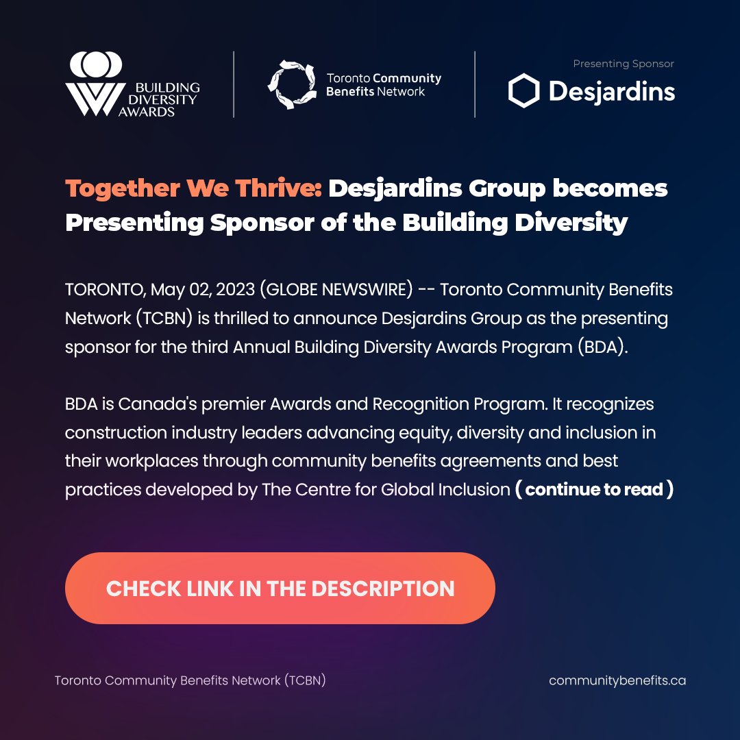 TCBN is thrilled to announce @DesjardinsGroup as the presenting sponsor for the third Annual Building Diversity Awards. TCBN welcomes @Patricia_J and @SebClovis as the hosts, with the keynote by @majoracarter. Read the full press release here globenewswire.com/en/news-releas… #BDACanada