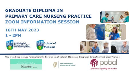 Attn cRGNs, DONs & Assistant DONs: We will host a Zoom Information Session on the Sláintcare funded Grad Dip in Primary Care Nursing Practice on Wed 18th May 1 - 2pm. Hear more about the programme, application process and deadlines. Register now bit.ly/3LvaK6o