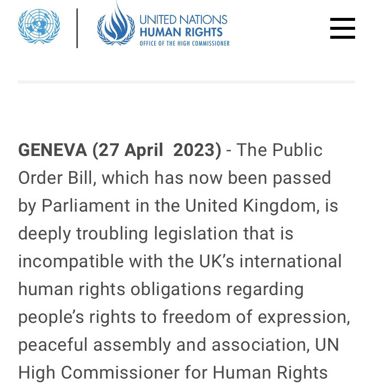 This is the United Nations commenting on Sunak’s Public Order Act - the one that allowed the police to arrest peaceful protesters (even before they began protesting!).

“Deeply concerning”

“Incompatible… with human rights”

No they ain’t talking about Sudan, Iran, or Russia!