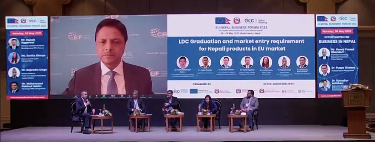 EIF's <a href="/Ratnakaradi/">Ratnakar Adhikari</a> discussing LDC's smooth graduation at the #EUNepalBusinessForum

What can be done?
✅Reduce trade cost 
✅Negotiate trade deals with existing/new preference-providing countries
✅Ramp up resource mobilization efforts on all fronts 

📺 eunepalbusinessforum.com/speakers/