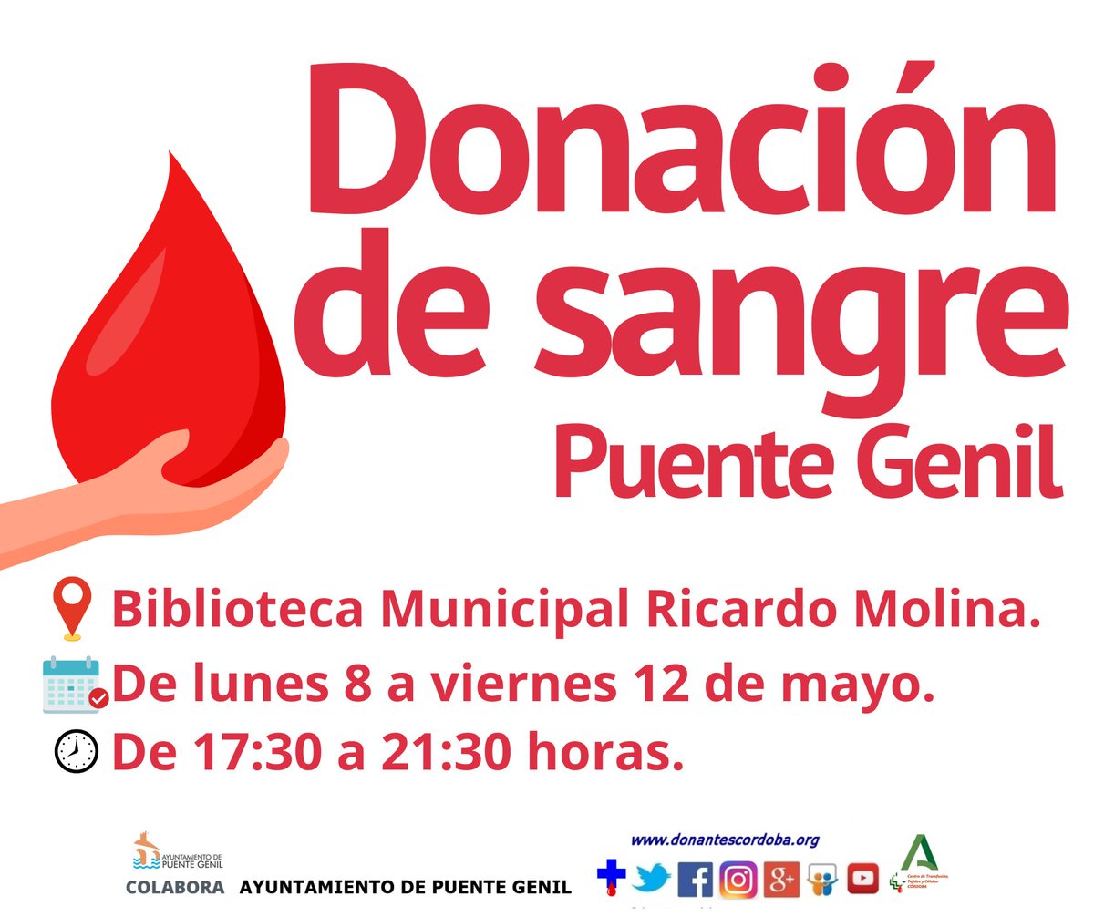 AytoPuenteGenil's tweet photo. #PuenteGenil es una ciudad solidaria. 
Hoy comienza la semana de donación en la que puedes aportar tu granito de arena, en este caso tu gotita de sangre que da la vida a los demás. 
Desde @donantescordoba comunican que se necesita sangre de todos los grupos sanguíneos. https://t.co/zjPreougiz