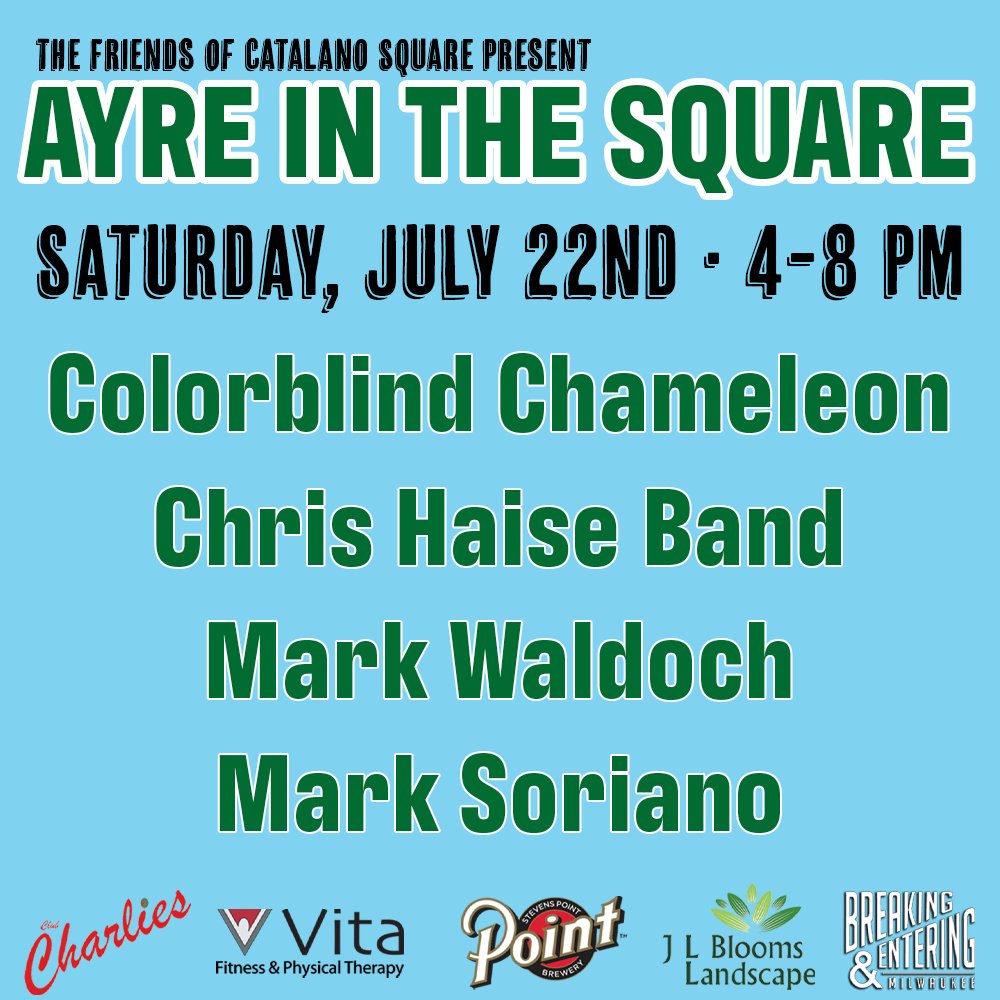 CatalanoSquare's tweet photo. 🥁 Announcing your 2023 Ayre in the Square Lineup! 🥁

We are thrilled to present this year's lineup of shows, beginning Saturday, May 20th at 4 PM! All shows are free to attend! See you  in the @ThirdWardMKE! 

#Milwaukee #ThirdWard #LiveMusic #MKEMusic #414 #MKE https://t.co/f1roPd1HSj