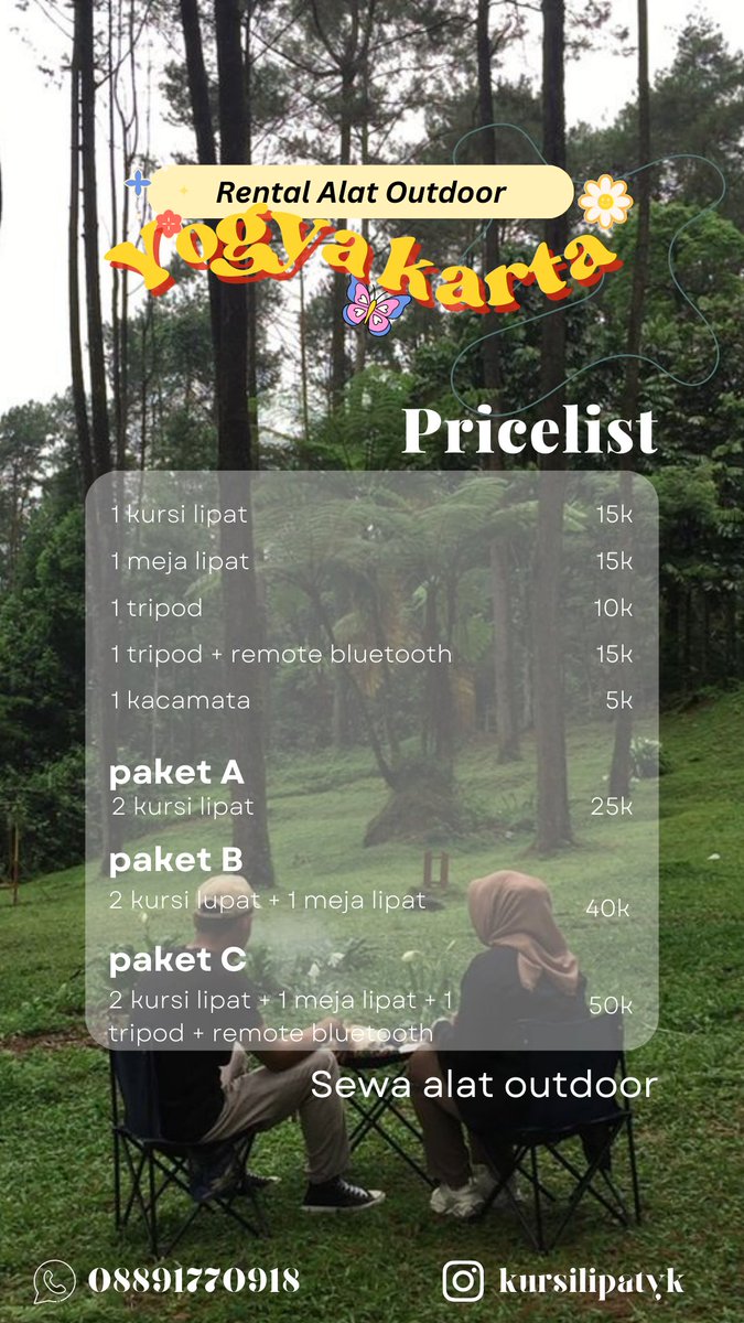ndhaoct's tweet photo. Seru bgt nyore healing di tempat yang ijo-ijo area Jogja bareng bestie/pacar😍 makin seru sambil deeptalk &amp; diabadikan. Terus deeptalknya sambil duduk cantik di kursi lipat✨
Aku ada info tempat rental alat outdoor nih! plis wa for rent👉🏼 https://t.co/oldhiZ0e7J
📍 Yogyakarta https://t.co/rGLFFZ9uKG