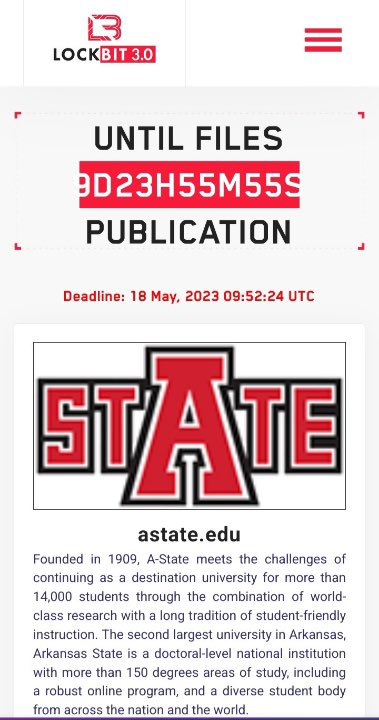 AlvieriD's tweet photo. Arkansas State University has been claimed by LockBit.

/astate.edu    @ArkansasState https://t.co/eFpSSxs6Ct