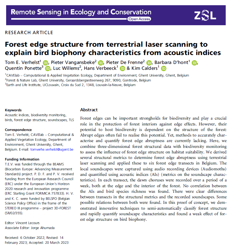 LouiseTerrynn's tweet photo. 📢Paper alert! Check out this paper which links forest edge structure (measured with TLS) with🐦sounds, by @tomverhe and co-authors.
https://t.co/THUdtLZMA8
#CAVElab #TLS #birdsounds https://t.co/aay6O78Wxj
