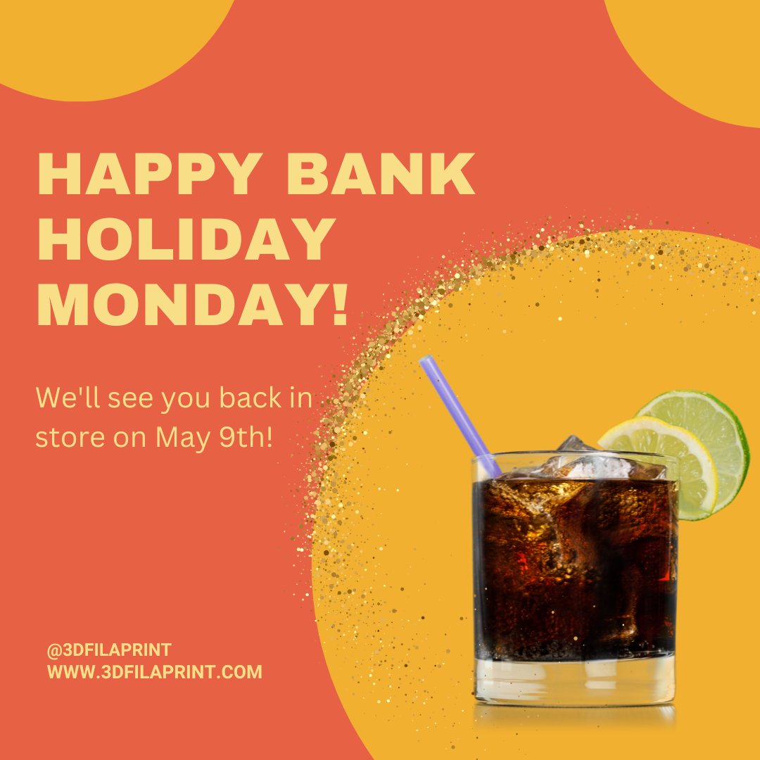 3DFilaPrint's tweet image. Happy 2nd May #BankHoliday everyone!

Feel free to browse our #Webstore &amp;amp; see what deals we have to offer. 

PLEASE NOTE: Any order placed between Sat 6th &amp;amp; Mon 8th will not be dispatched until we are open again on Tues 9th.

🖥️3dfilaprint.com

 #3DFilaPrint #Southend