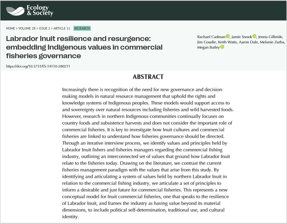 As recognition grows of the value of #IndigenousKnowledge in #conservation decisions, questions arise re how to build #GovernanceSystems with that knowledge. @rachael_cadman et al. in @EcologySociety1 outline principles for a model for #Inuit #fisheries doi.org/10.5751/ES-141…