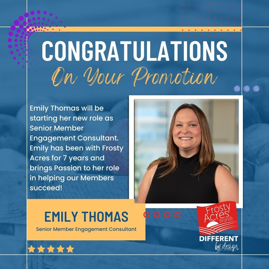 Exciting news! We are thrilled to announce that Emily Thomas has been promoted to Senior Member Engagement Consultant! Emily is passionate about helping our members succeed and has been an invaluable asset to our team. #FrostyAcres #DifferentByDesign #Promotion #Growth #Passion