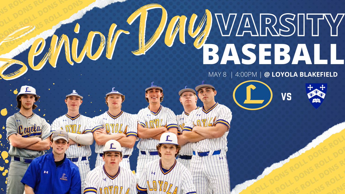 It's Senior Day and a push for the playoffs. Come out and support us in this must win game! Let's go Dons!

🆚️ | Gilman
🗓 | 5/8/23
🕕 | 4:00P.M.
🏟 | Veterans Park @ Bolte-Breschi Athletic Complex

#RollDonsRoll🔵🟡