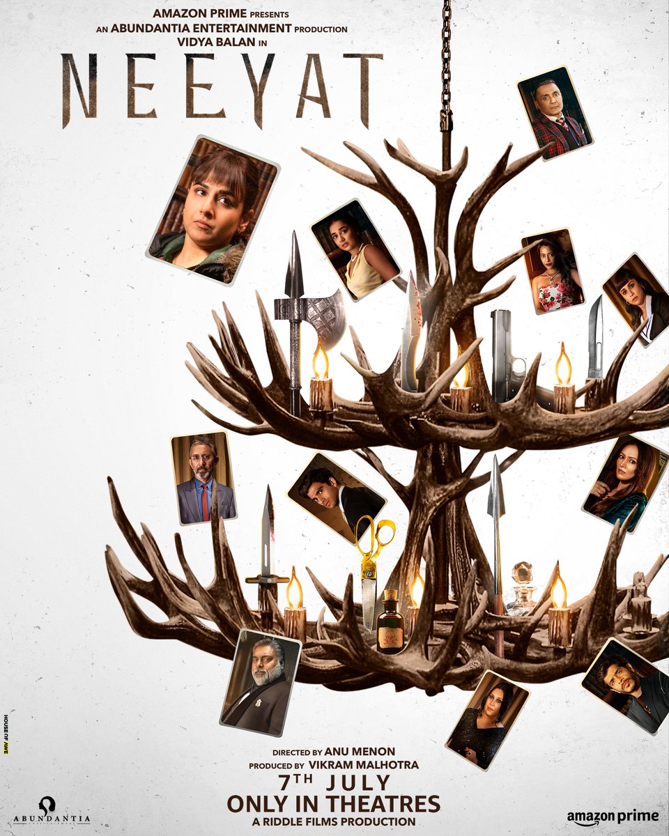 Abundantia_Ent's tweet photo. Motives will be revealed! Secrets will shock! 
#Neeyat releases on 7th July 2023 only in theatres.

@vidya_balan @anumenon1805  @vikramix @PrimeVideoIN https://t.co/8ALf9KDLTz