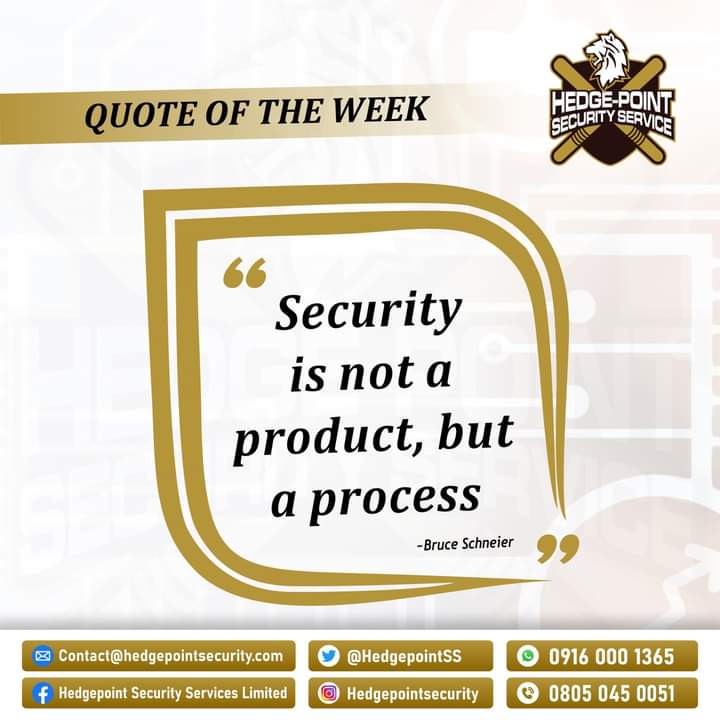 HedgepointSS's tweet photo. QUOTE OF THE WEEK
“Security is not a product, but a process”
~Bruce Schneier
THINK SECURITY✅
THINK HEDGEPOINT✅
#security #securitysystem #safetyforall #securityservices #hpssl #eventsecurityservices #privatesecurity https://t.co/manB0Nk0T3