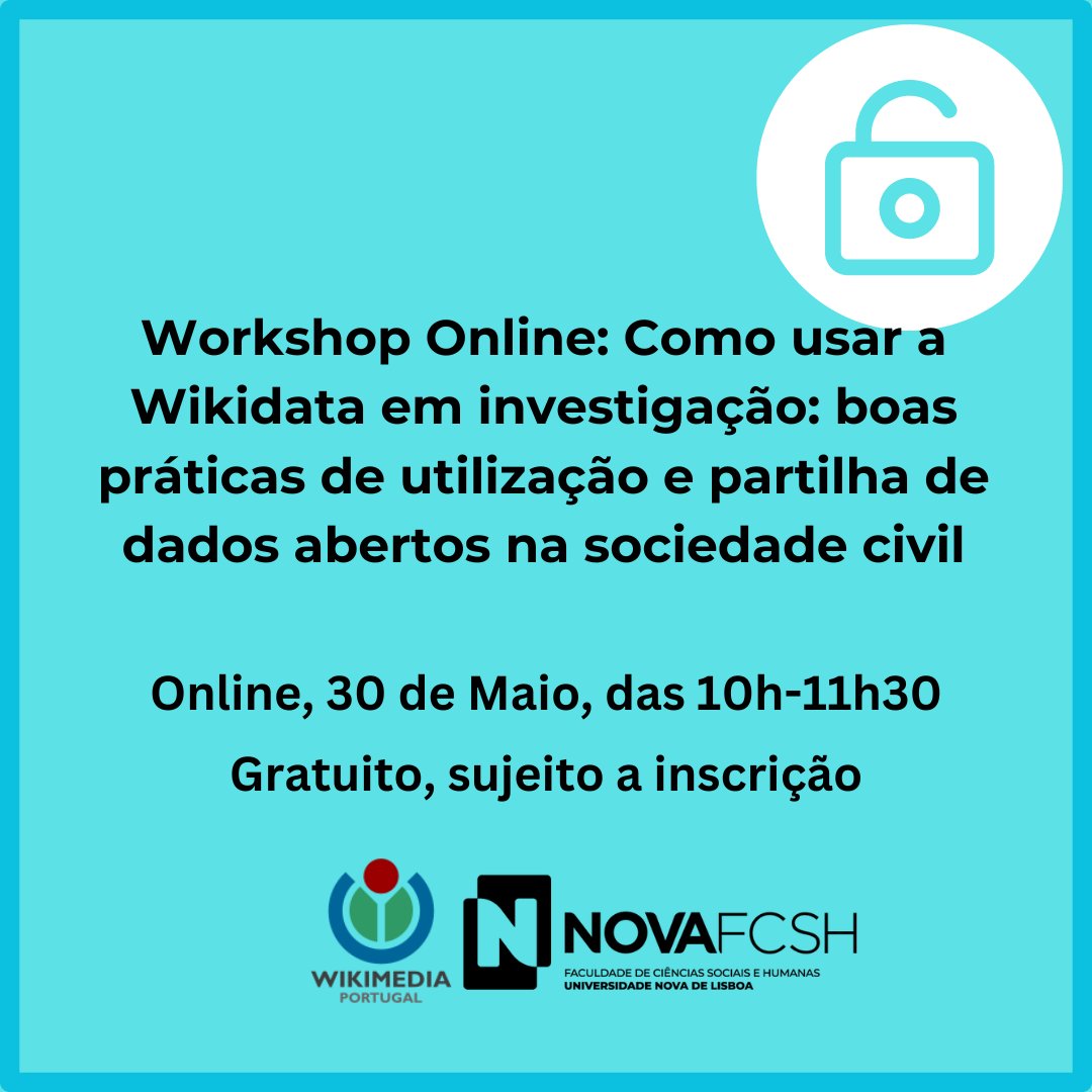 wikimediapt's tweet image. Abertas as inscrições para o Workshop &quot;Como usar a @wikidata  em investigação: boas práticas de utilização e partilha de dados abertos na sociedade civil&quot;. Inscrições e informações:  shre.ink/QJQI 
#openacess #ciênciaaberta #openknowledge #dadosabertos  🕸️📚💻