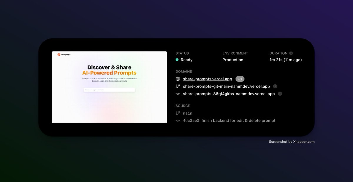 namdeveloper_ca's tweet photo. I've been learning Next.js and built a full-stack app where users can share prompts to chat with AI.
Check out my app. Feedback is awesome
Project: https://t.co/yjykS3LagA
Github: https://t.co/DVhCZAus2G
#Nextjs #reactjs #jsmastery #tailwindcss #FullStack https://t.co/UDB6KHfuB2